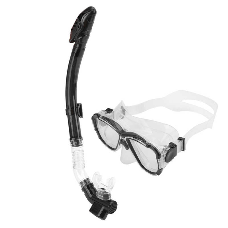 Adults Snorkel Set Anti‑Fog Diving Cover Tempered Glass Goggles w/Snorkel Tube A: black