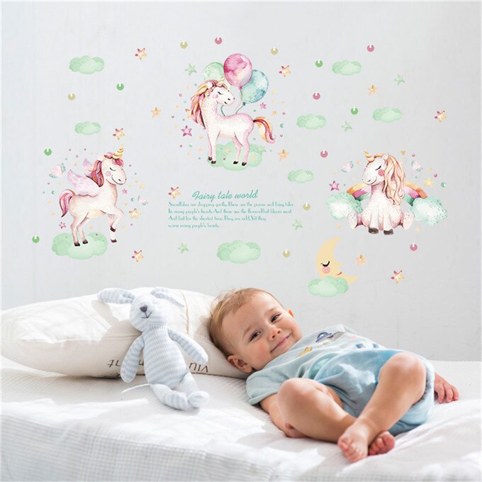 Roze Cartoon Eenhoorn Muursticker Voor Kinderkamer Nursery Decoratie Behang Waterdicht Diy Regenboog Decal Home Decor Muurschilderingen: CFH005