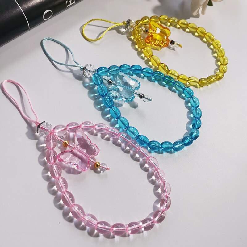 Crystal Bead Butterfly Mobile Phone Chain Cellphone Strap Anti-lost Lanyard For Women Summer Wrist Jewelry