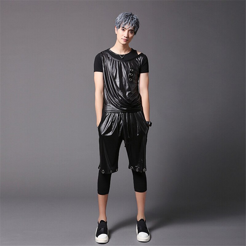Pantalones elásticos punk de primavera y verano para hombre, traje para actuación de discoteca, leggings casuales vintage para hombre, pantalones de retales de imitación de cuero