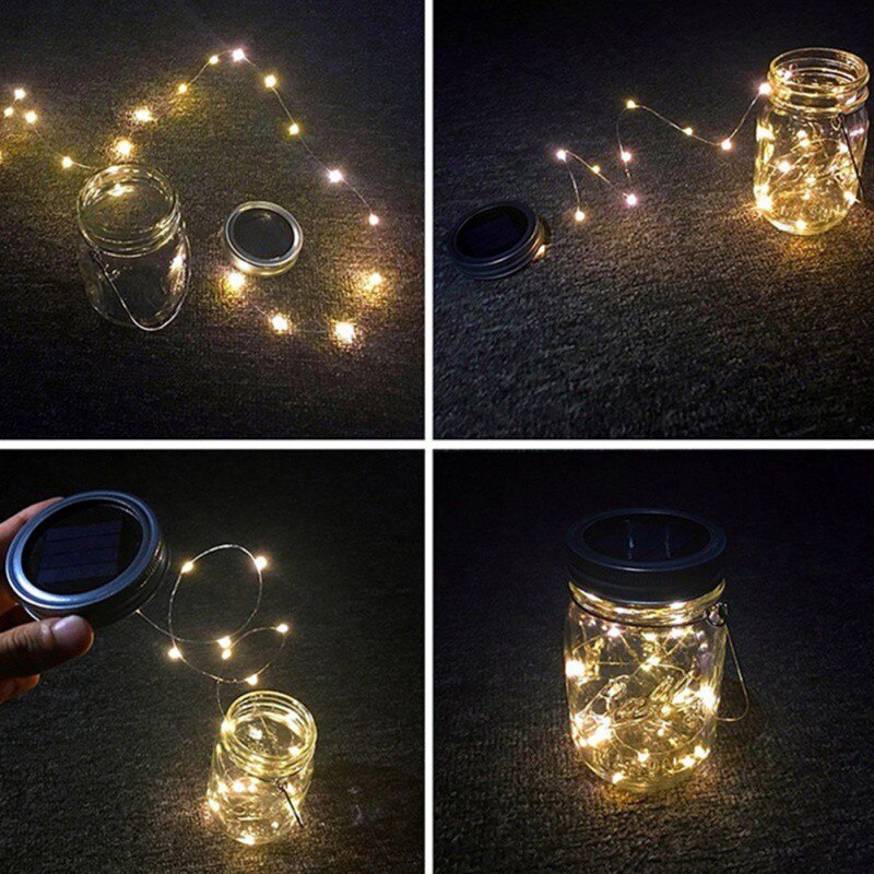 Tapa de tarro de cristal romántico Solar de 10 LED, luz LED para casquillo (solo tapa) con 1 M de iluminación de decoración, cuerdas para decoración de jardín al aire libre.
