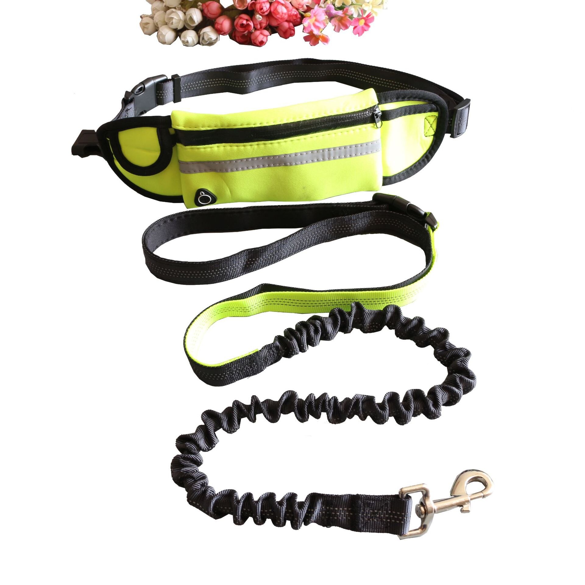 Dog traction rope nylon reflective pet supplies dog harness collar jogging adjustable belt waist bag traction belt rope: Green