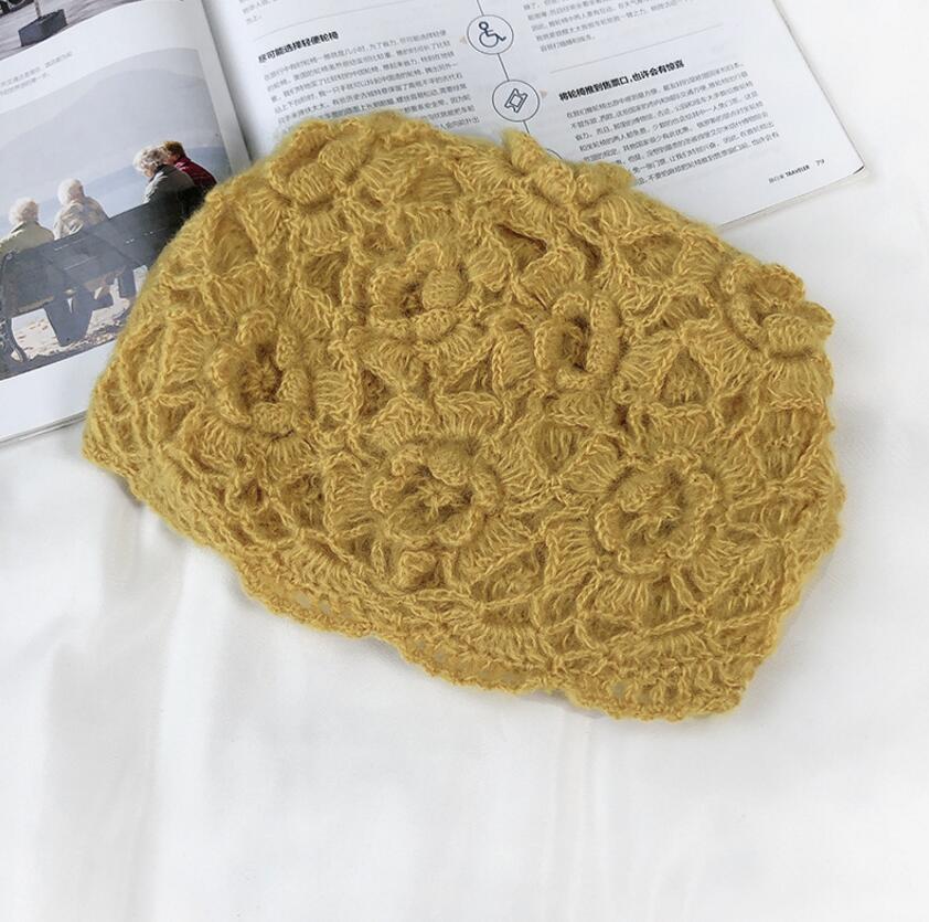 Härliga vinter virkade hattar för kvinnor mössor mössor blommor handgjord stickad hatt kvinnlig spets hatt chapeu feminino gorras: Gul