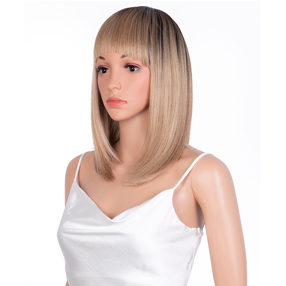 Raising Synthetic Blonde Hair Wig With Bangs Straight Hair Bob Wigs For Black Women 14 Inches Short Hair Full Machine Wig