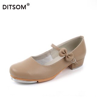 Chaussures de danse à talons bas en T pour filles, en cuir verni, noir, Jazz Step Dance, sabots, taille 23-42