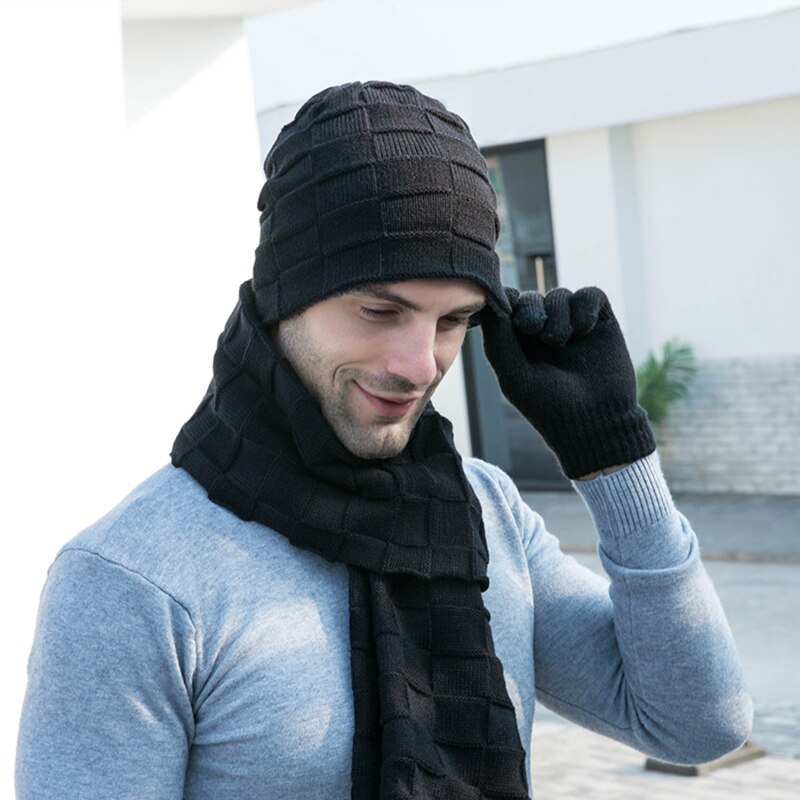 Guanti da uomo a maglia lunga sciarpa cappello impostato 3 pezzi uomo inverno caldo peluche protezione sciarpe e guanti Touchscreen