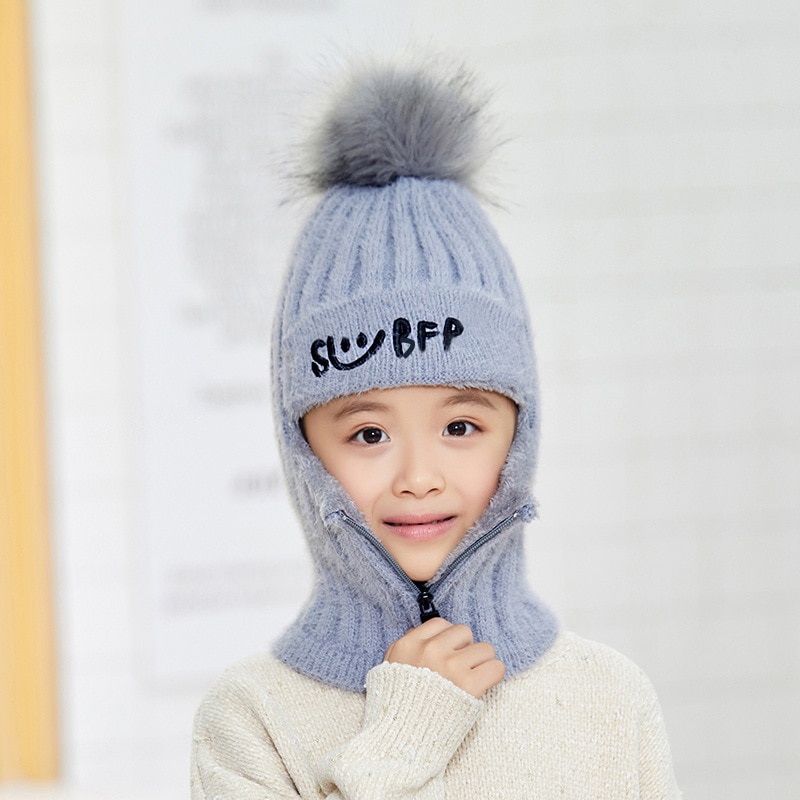 DIHOPE 2 pièces tricot bonnet chapeau et écharpe ensemble Hairball pompon chapeaux femme épais hiver mignon filles lettre Smiley fermeture éclair chapeau