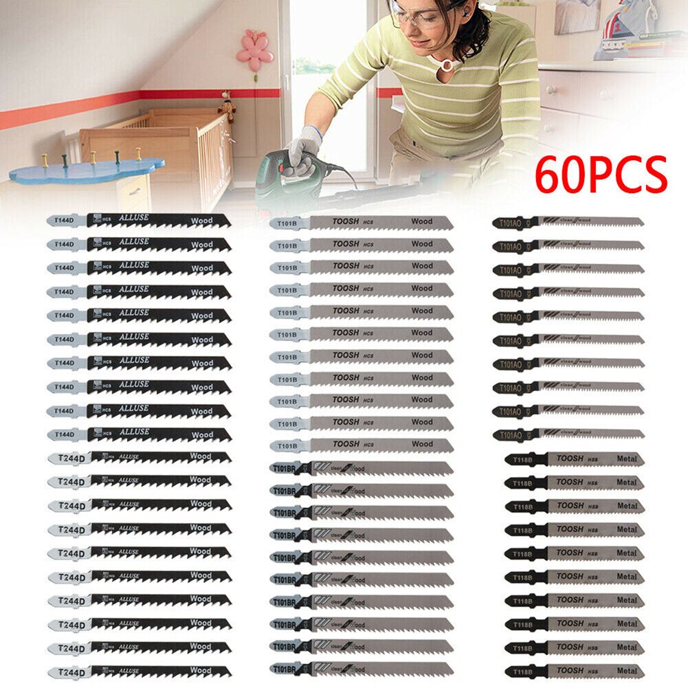 60Pcs Jig Saw Jigsaw Blades Set Kit Metalen Hout Diverse Blades T-Schacht Voor Bosch Power Houtbewerking Jig zagen Geschikt Voor Meest