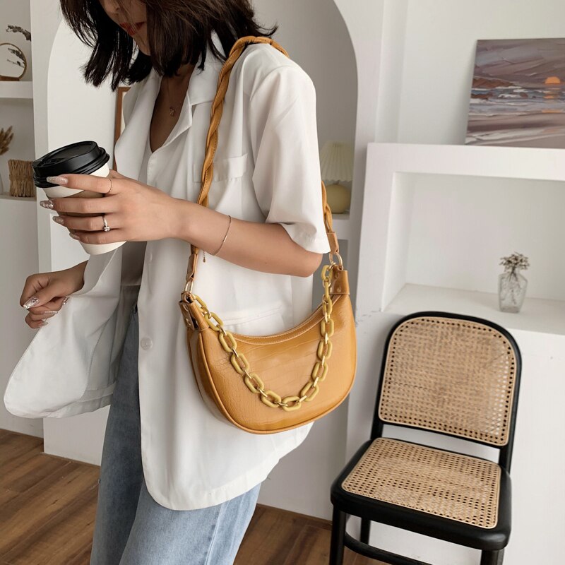 Mode Steen Patroon Pu Lederen Crossbody Tassen Voor Womenshoulder Messenger Bag Lady Effen Kleur Keten Handtassen En Portemonnees