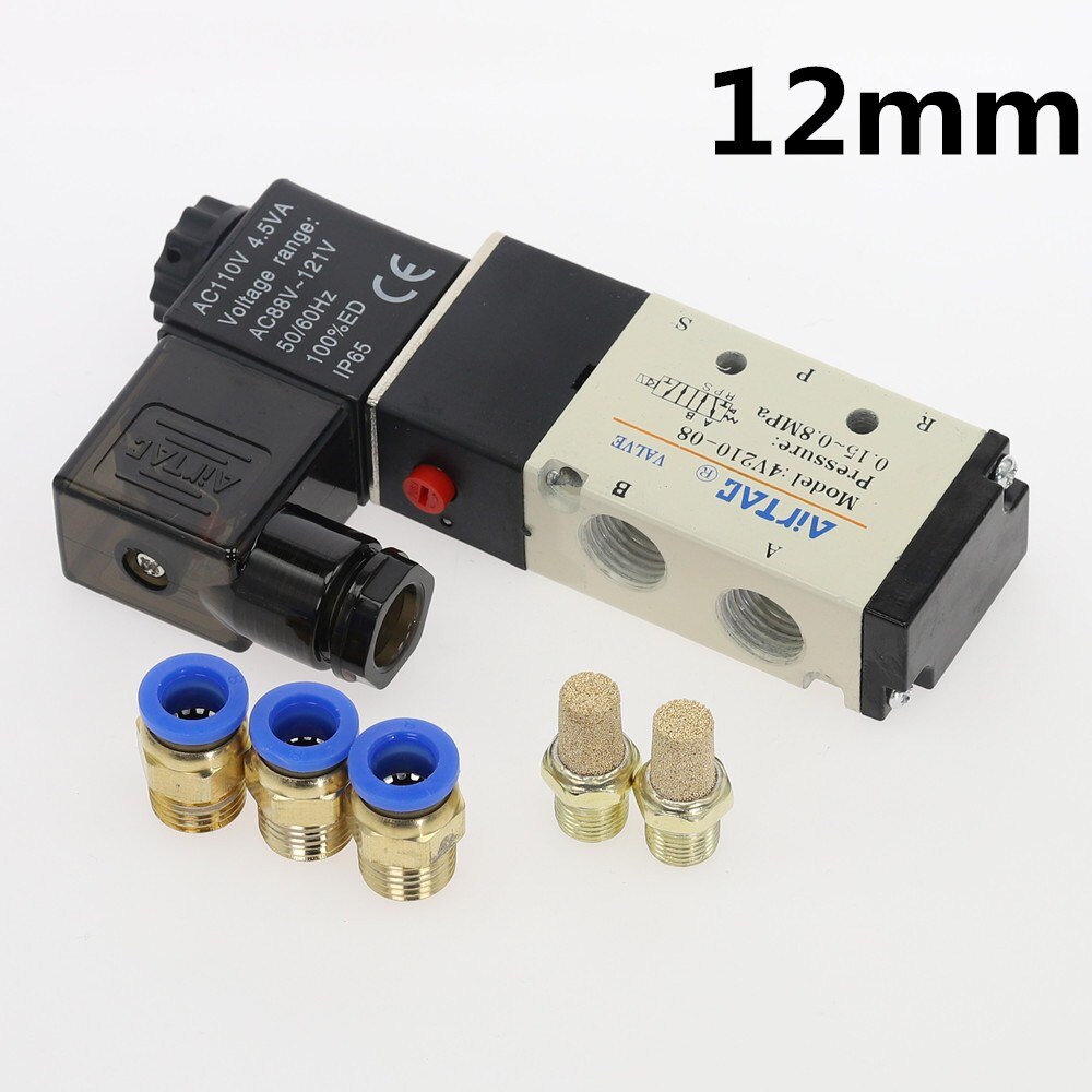 Pneumatische elektrische magneetklep 5 -weg 2- positie regeling lucht gas magneetklep 12v 24v 220v spoel volt 4mm-12mm slangkoppelingen: Pc 12mm fittingen / Dc12