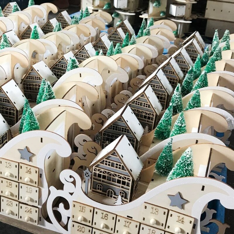 Tree House Sleigh Wooden Advent Calendar Countdown Christmas Party Decor 24 Drawers with LED Light Ornament