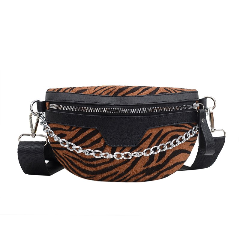 Sac à main en peluche zèbre pour femmes, sac banane à chaîne imprimé léopard tigre, sac à bandoulière de poitrine, sac banane: Zebra Brown