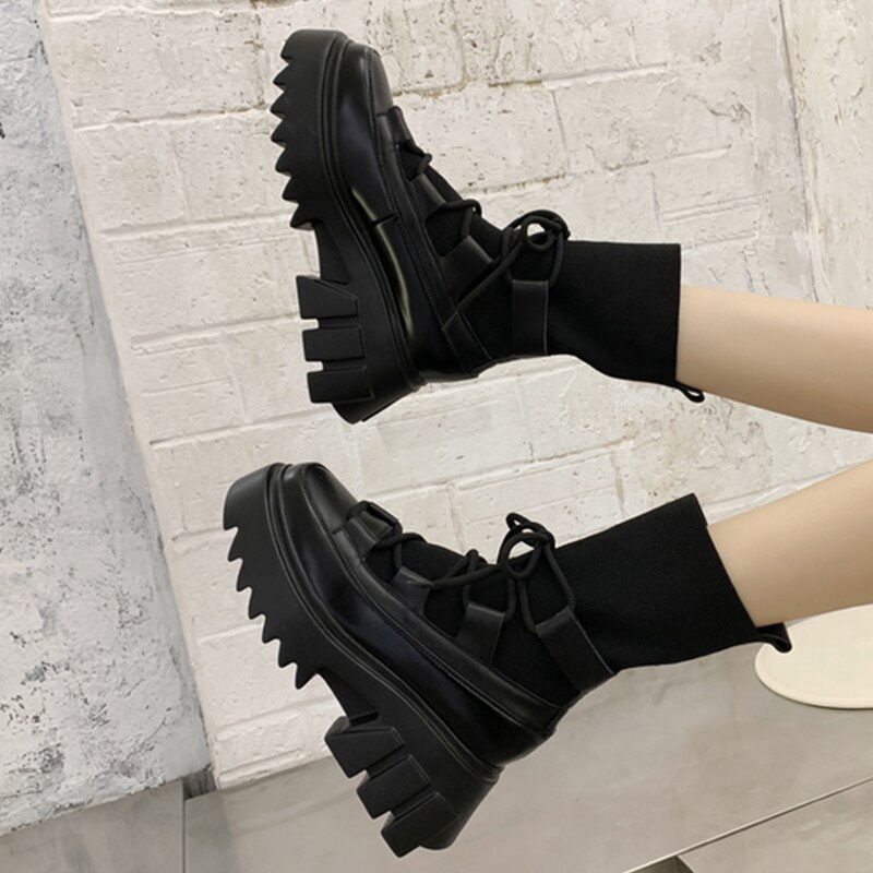 Laarzen dames casual stretch stof sokken laarzen kruisgestrikte damesschoenen platform laarzen