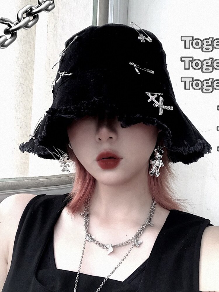 Harajuku Women Punk Cross Decorative Fisherman Hat Sun Hat Gothic Girls Hat Unisex Hip Hop Y2K Canvas Hat