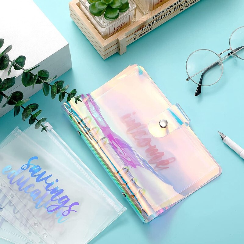 PVC Notebook Cover Planner Budget Binder Organizer 6 Round Ring Protector Binder With 24 Zipper Folder (Rainbow)