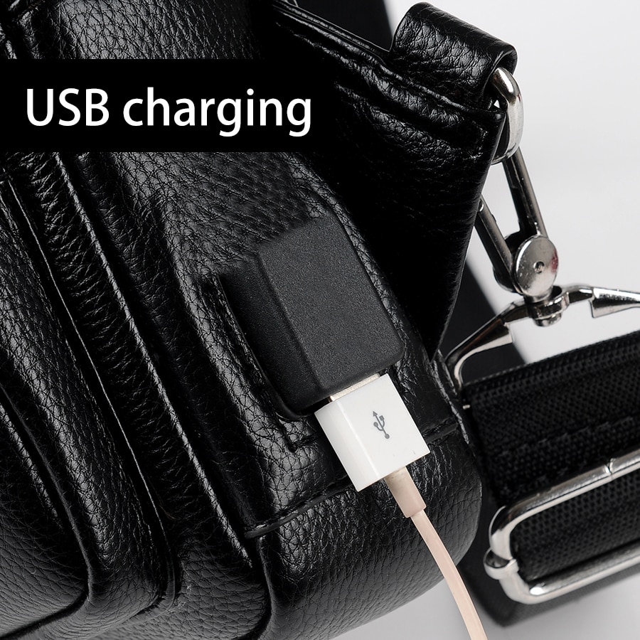 Jackkevin Mode Heren Schoudertas Inbraakpreventie Zwart Lederen Heren Borst Zak USB Opladen Crossbody Tassen Reistas