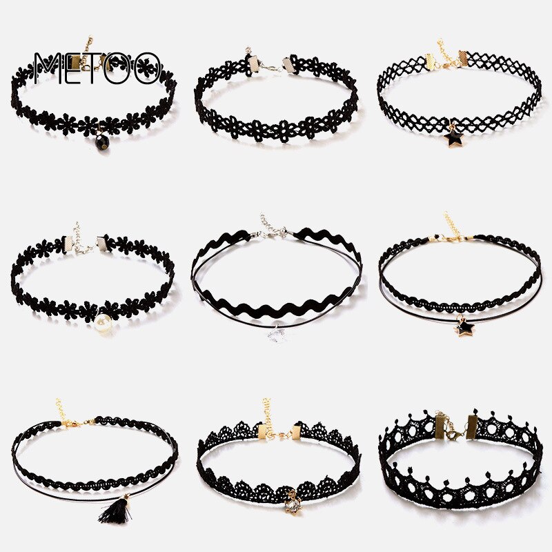 METOO 11pcs Dei Monili Delle Ragazze per I Bambini Nero Della Collana Multi Strato di Pizzo Catene Choker Della Collana Per Bambini Gotico Stretch Gioielli Bambino