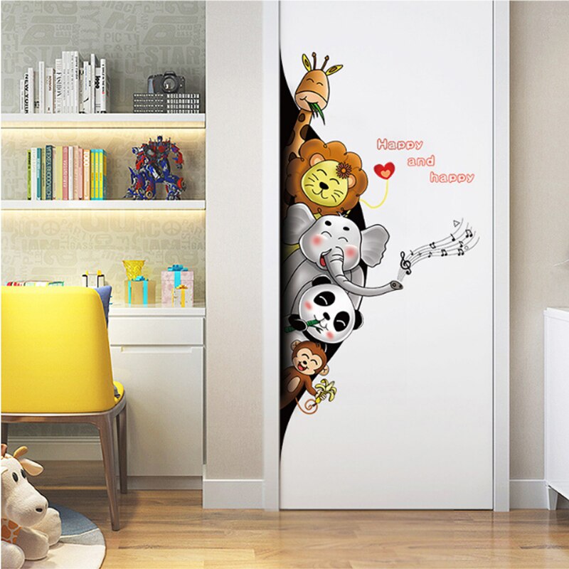 Cartoon Animals 3D Wall Stickers For Kids Room Friendly Panda Elephant Monkey Wallpaper Door Decor