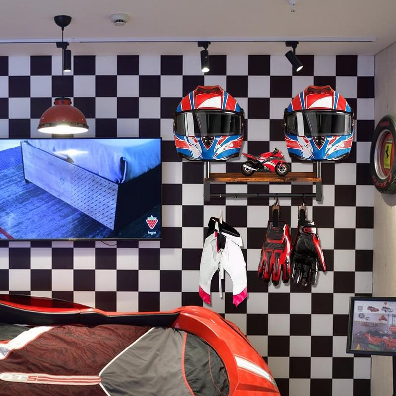 Motorhoedenhouder Muurhanger Hoedenrek Veiligheid Hoedenhanger Displaystandaard Hoedenorganizer met 4 clips Houten opbergrek