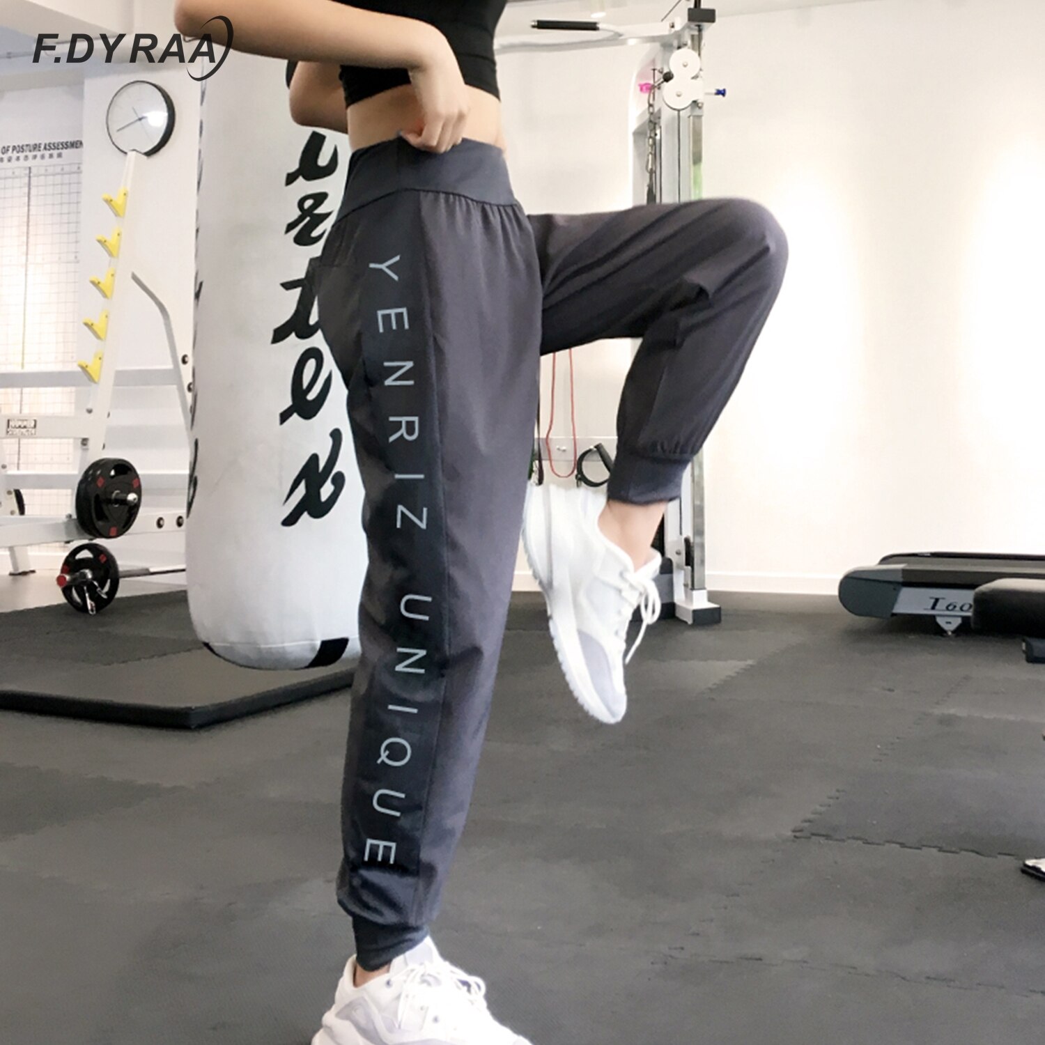 F. Dyraa Vrouwen Ademend Hoge Taille Sport Broek Mode Side Letter Gedrukt Hoge Stretch Jogger Mujer Broek Comfy Losse Broek