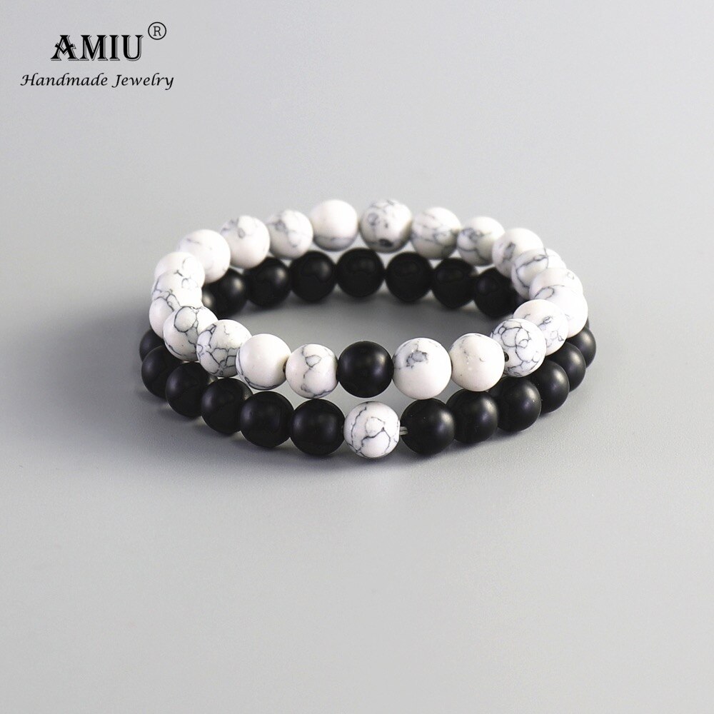 AMIU 2Pcs/Set Couples Distance Bracelet Classic Black And White Natural Stone For Man And Women Yin Yang Beaded Bracelet