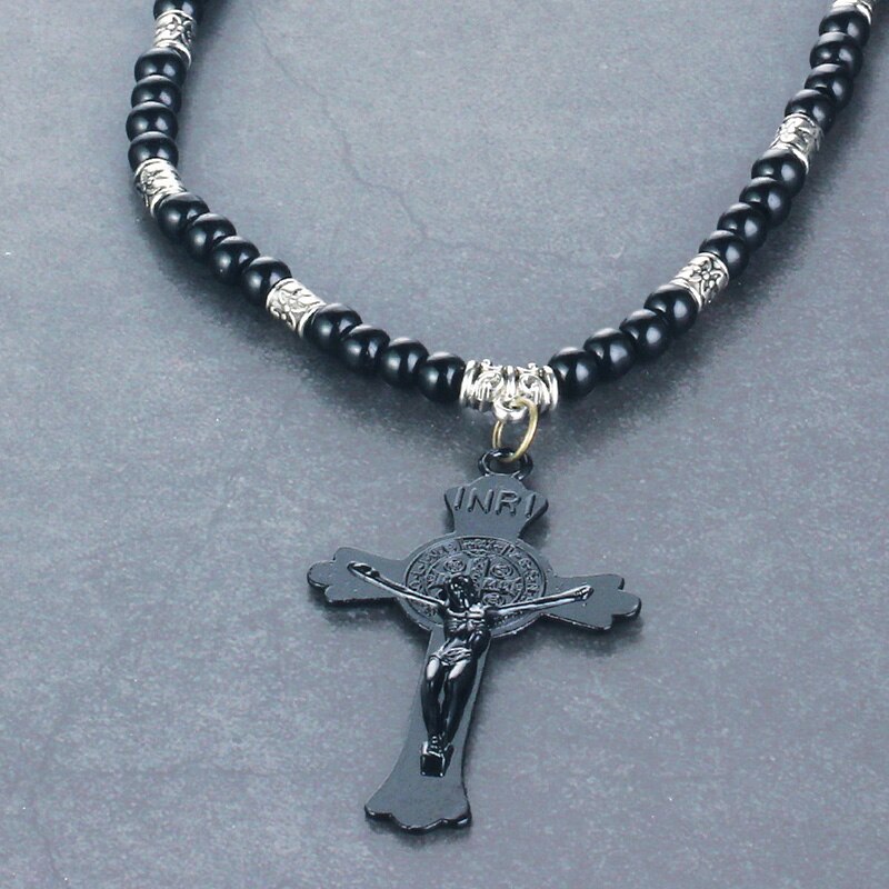 Retro jesus kors vedhæng halskæde sort farve perler kæder saint benedict medalje halskæder til mænd religiøse smykker kolye: Jeg