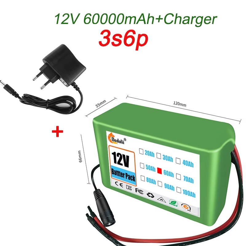 12V 50000mAh Lithium Battery Pack 18650 Rechargeable Battery With BMS Charger 3S5P For Fishing Bicycle Large Capacity Batteries: Beige