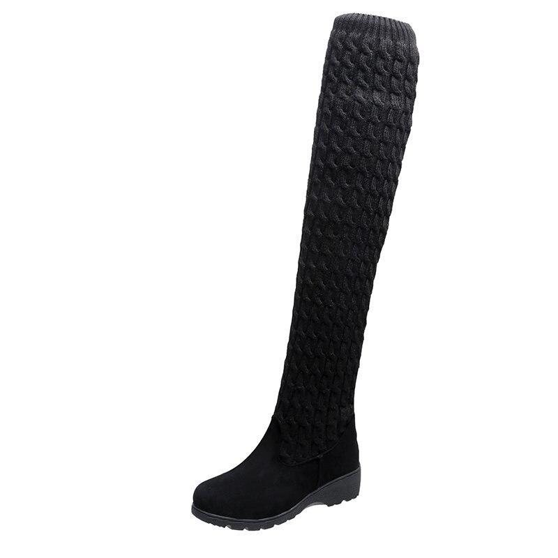 Smala ben spispipa lår höga stövlar kvinnor elastisk flock lång botte låg klack över knä botas vinter stretch strumpor stickning