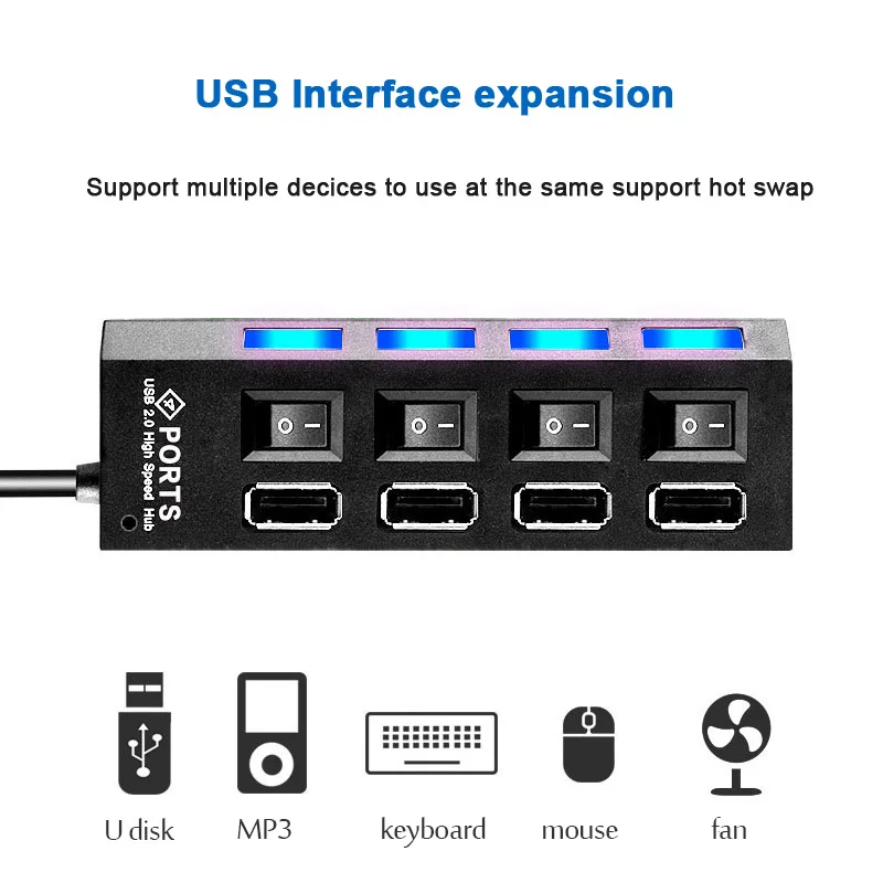 Rozdzielacz USB 7 w 1 z włącznikiem/wyłącznikiem 480 Mb/s Szybka stacja dokująca USB do laptopa PC Klawiatura Mysz
