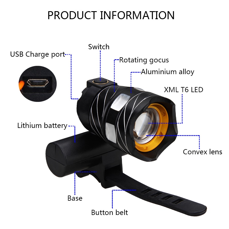 Waterproof USB Rechargeable Bike Light T6 LED Front Bike Headlight MTB Bicycle Lamp with Built-in Battery Cycling Accessories