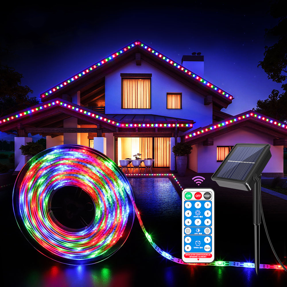 Meerkleurige of warmwitte LED-stripverlichting op zonne-energie voor buiten, afstandsbediening met 8 verlichtingsmodi, IP67 waterdicht voor tuinhuis: ROSE / 0-5W