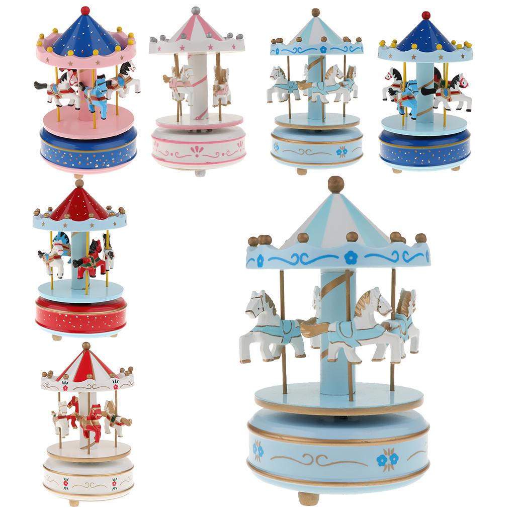 Bonita caja Musical de madera con carrusel giratorio con caballos pequeños, caja de música de cuerda para niños, adorables-Rosa/azul/rojo
