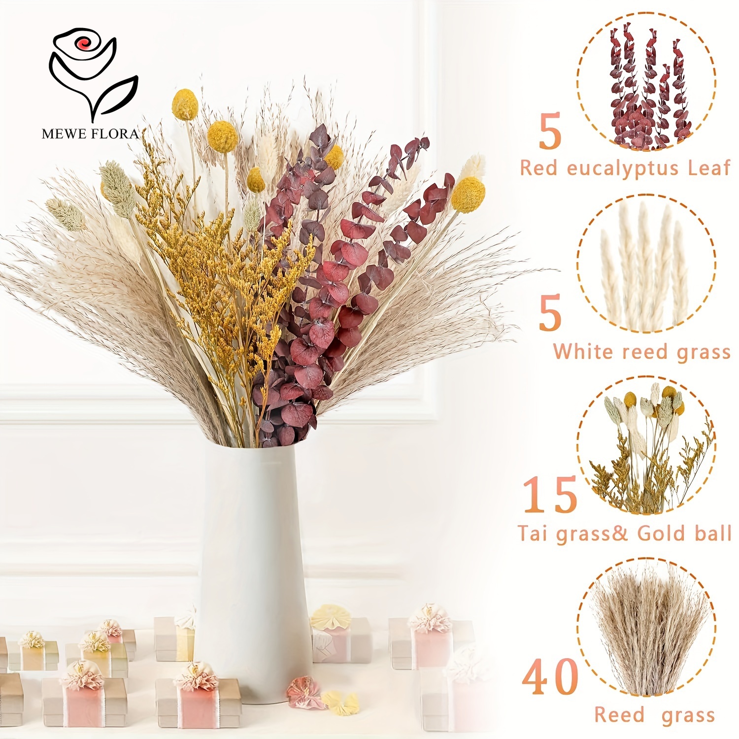 80 pz fiori secchi pampa codice di coniglio mazzo di erba floreale decorazioni per matrimoni conservare foglie di eucalipto canne decorazione vaso per la casa