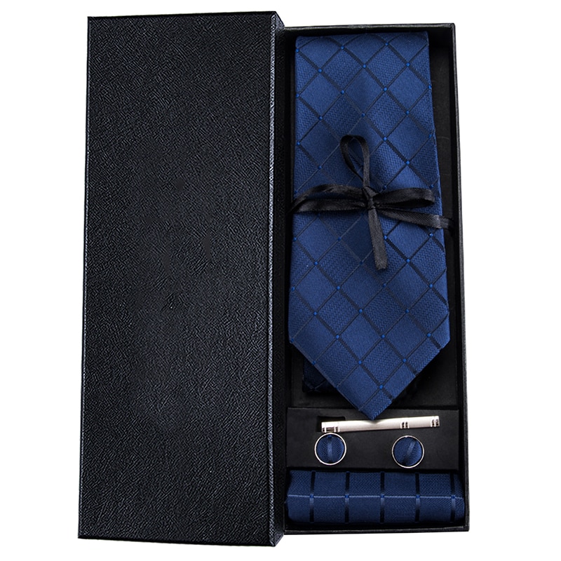 Hi-tie laivastonsininen ruudullinen miesten silkki kudotut siteet kiinteä kravatti kravatti setti kalvosinnapit solmio klipsi miehelle mies hb -1656: Ld -1656