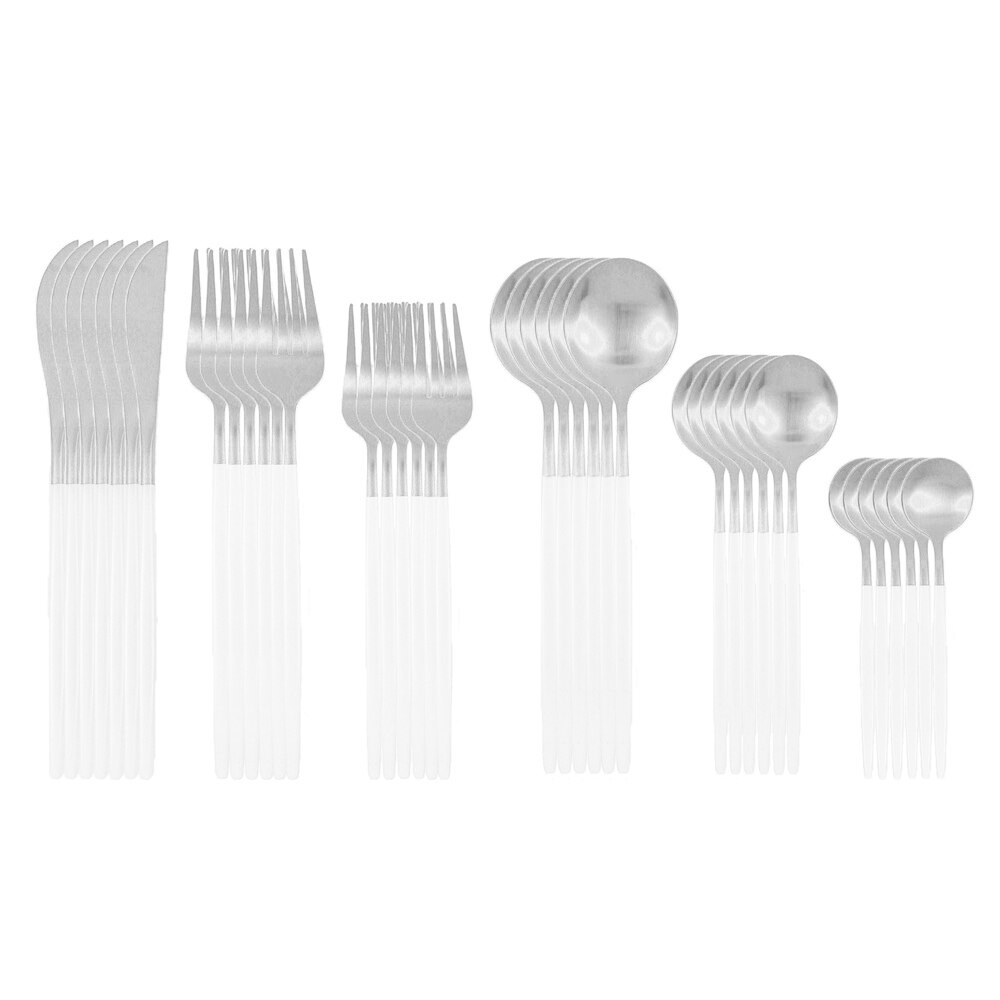 36 pièces or mat couverts ensemble de couverts en acier inoxydable vaisselle Dessert fourchette thé cuillère couteau argenterie cuisine vaisselle: White silver