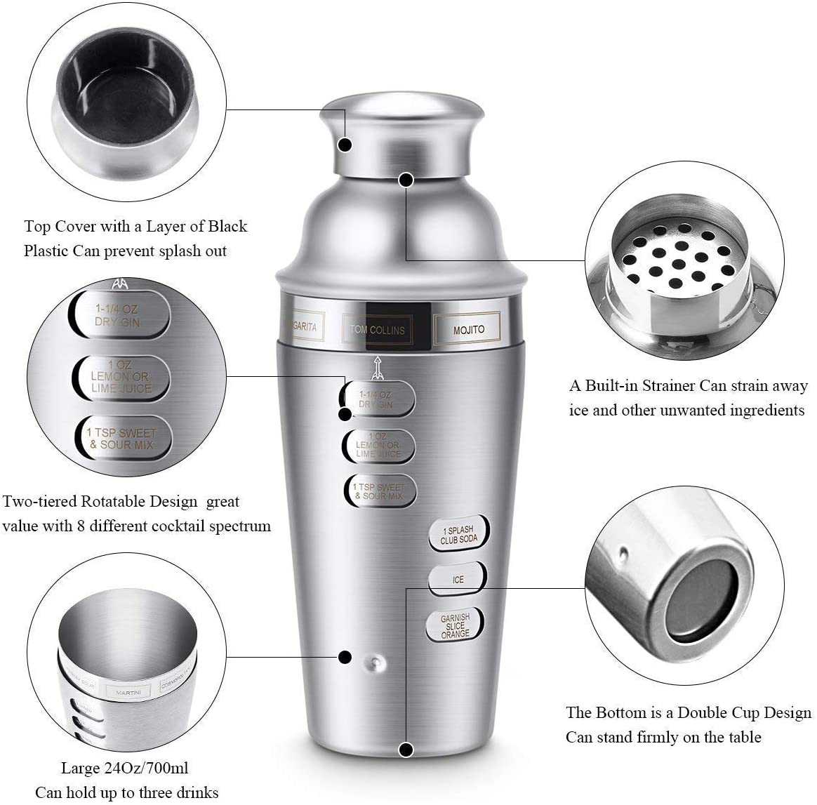 Cocktail Shaker Stainless Steel 24Oz Bar Set Kit 3Pcs Cocktail Shakers with Rotation Recipe Guide,Martini Tool Accessories Built