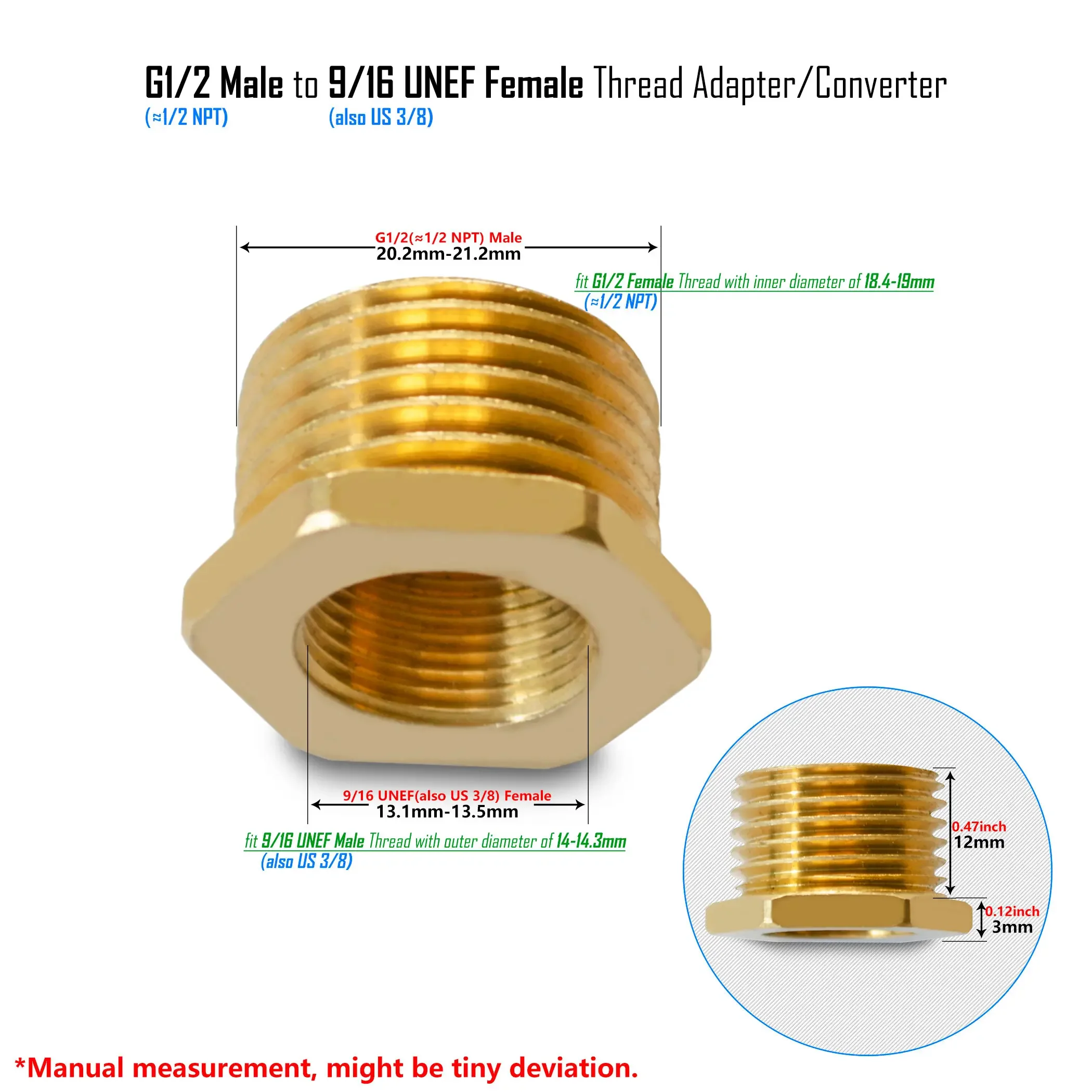 G1/2 to G3/8, 9/16-24 UNEF, 1/2 NPT Reducer Pipe Fittings Brass or Stainless Steel Threaded Water Hose Adapter Male Female: 75*40mm / WHITE