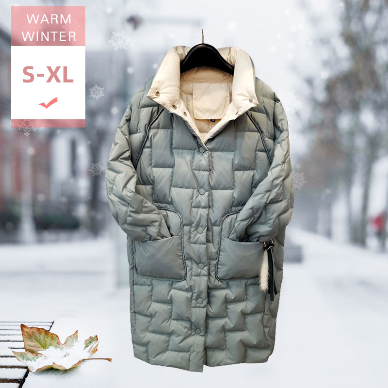 S-xlautumn vinter kvinnor lång vit dunjacka kvinnlig ståkrage tunn ledig fjäderkappa vindtät ytterkläder bra kvantitet