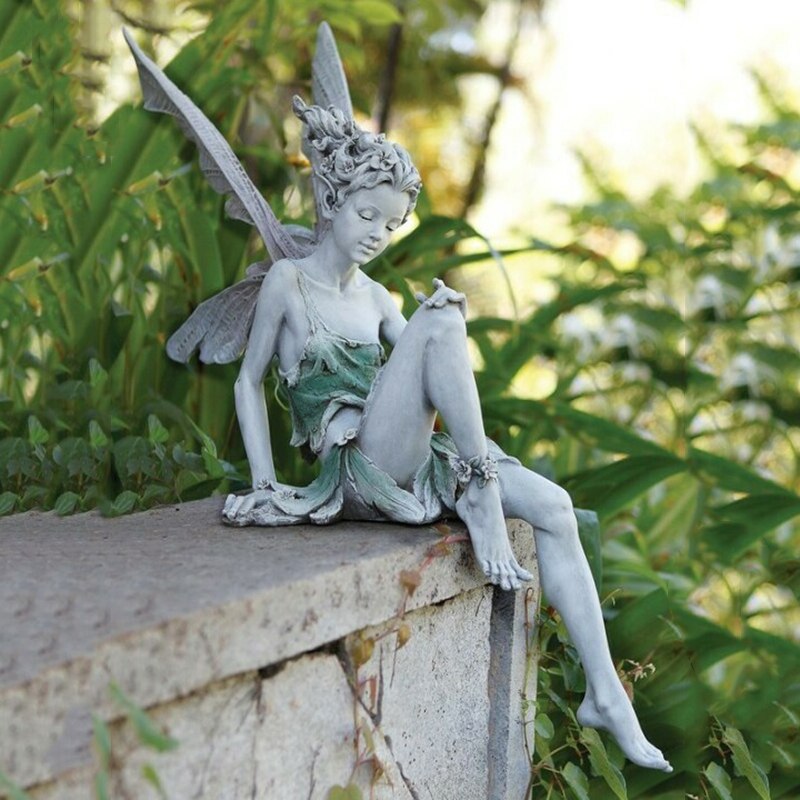 Estatua de resina con decoración de Jardín de hadas de flores para decoración de jardín, estatua de hada sentado, accesorios de decoración de escritorio, elfo,: White