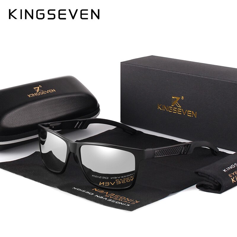 Kingseven mænd polariserede solbriller aluminium magnesium solbriller kørebriller rektangel nuancer til mænd oculos masculino mand: Sort sølv