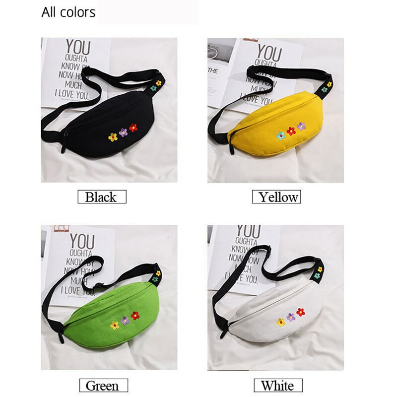 Female Flower Waist Pack Women Floral Embroidery Canvas Fanny Bag Ladies Small Black Yellow Chest Bum Banana Bags