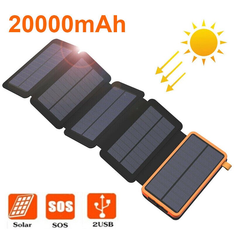 20000mAh Foldable Solar Power Bank with Solar Panels Portable Waterproof Outdoor Mobile Phone Powerbank for Camping Hiking