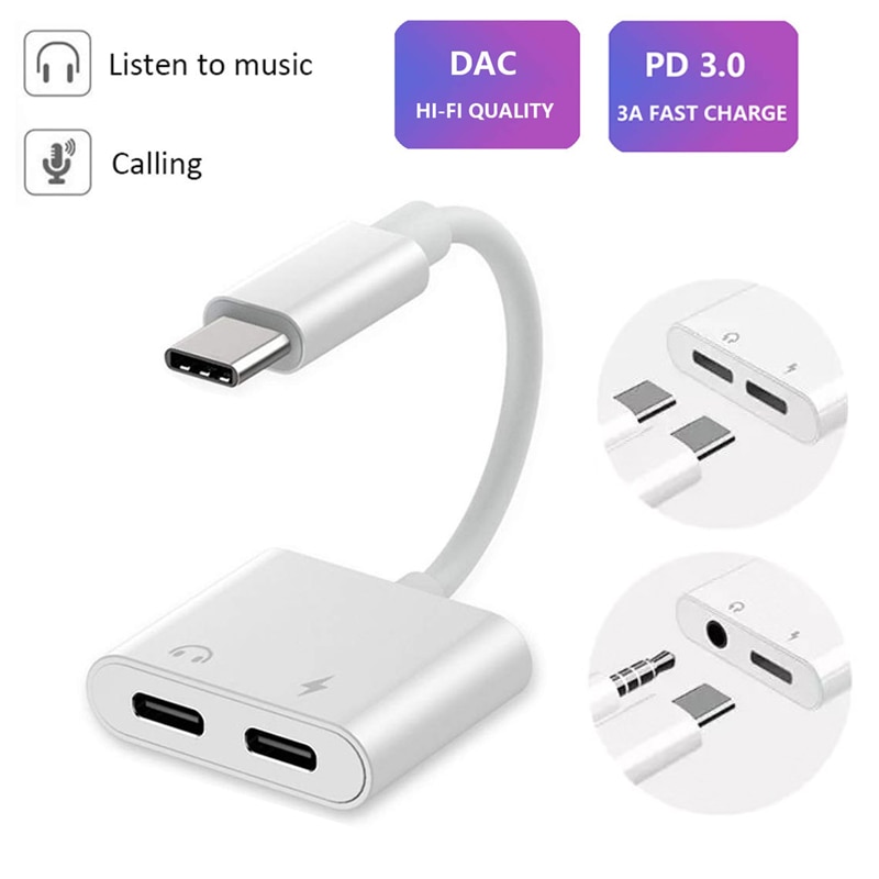 Dual Usb Type C Splitter Dac 2 In 1 Audio Snelle Lading Type C Naar 3.5Mm Hoofdtelefoon Adapter Voor google Pixel Huawei Ipad Pro