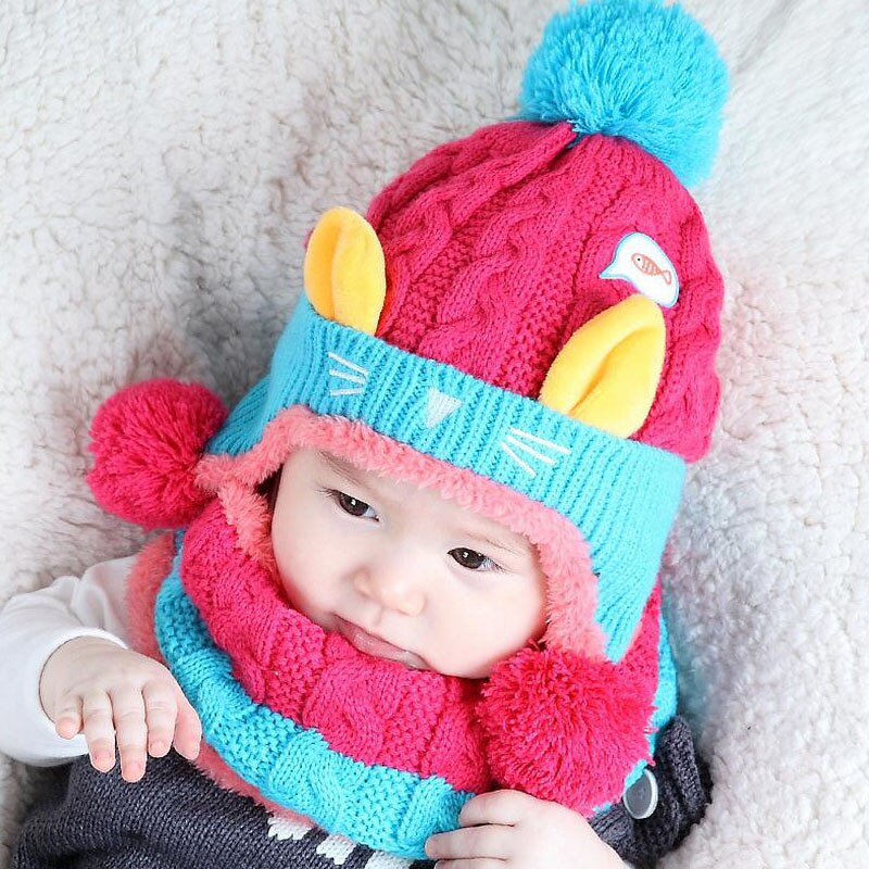 Doitbest 1 to 4 år gammel tegneserie killing fløjl uld børn drenge beanies strikkede pelshatte vinter 2 stk baby pige tørklæde hat sæt: Rose