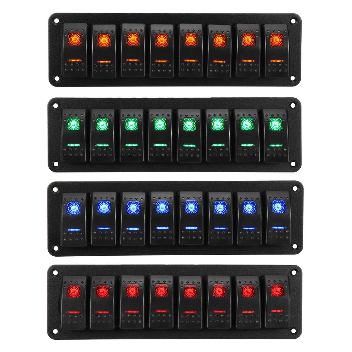 Waterproof 8 Gang Rocker Switch Panel Kit 12V 24V Circuit Breaker Green/Blue/Red/Orange LED Marine Boat Rocker Switch Panel