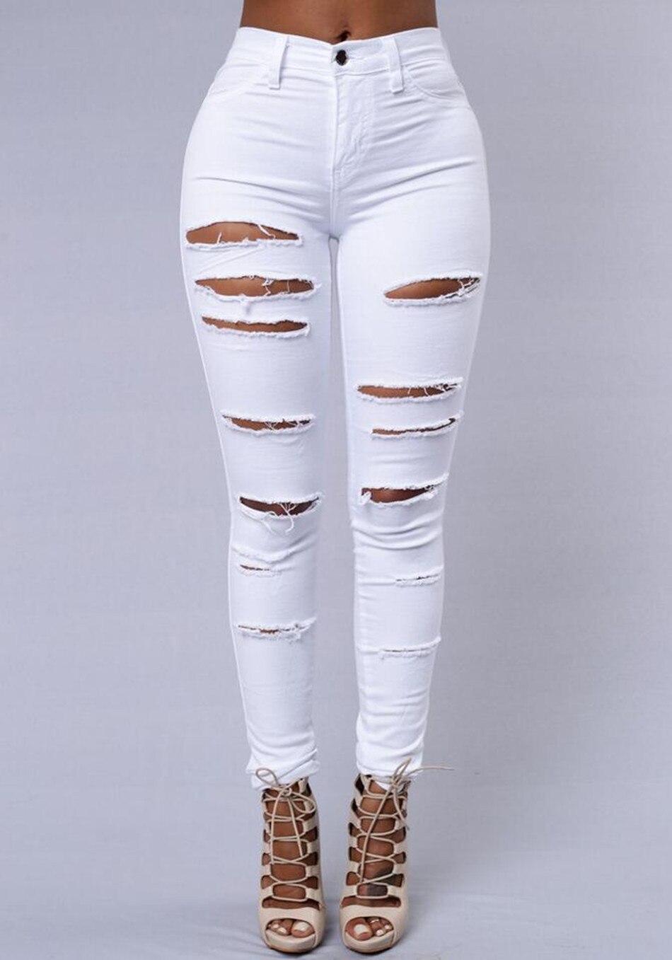 Efterår skinny jeans kvinder denim bukser huller ødelagt knæ blyant bukser casual bukser sort hvid stretch ripped jeans