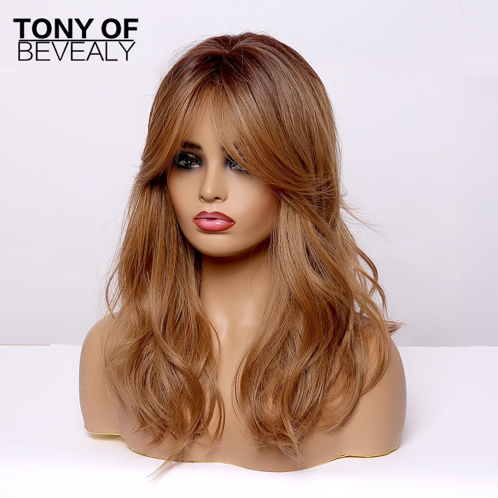 Medium Length Synthetic Wigs for Women Brown Wavy Natural Hair Wigs With Bangs Cute Cosplay Party Wigs Heat Resistant Fiber