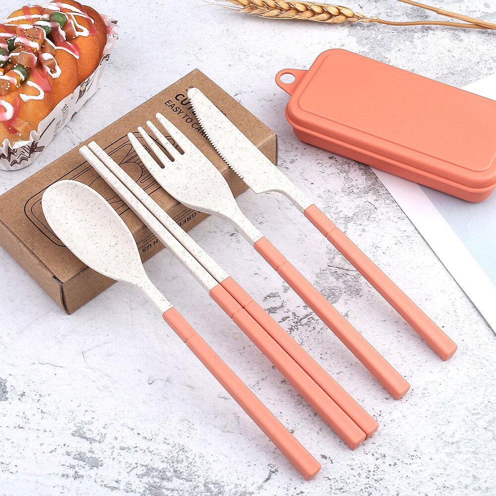 Reizen Bestek Bestek Draagbare Box Japan Stijl Tarwestro Mes Vork Lepel Eetstokjes Student Keuken Servies Set: 4 set / Orange