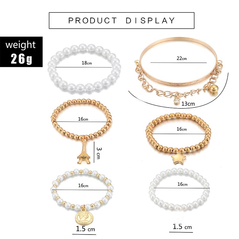 Charm Partij Sieraden 6 Stks/set Mode Goud Kleur Kralen Parel Ster Multilayer Kralen Armbanden Set Voor Vrouwen