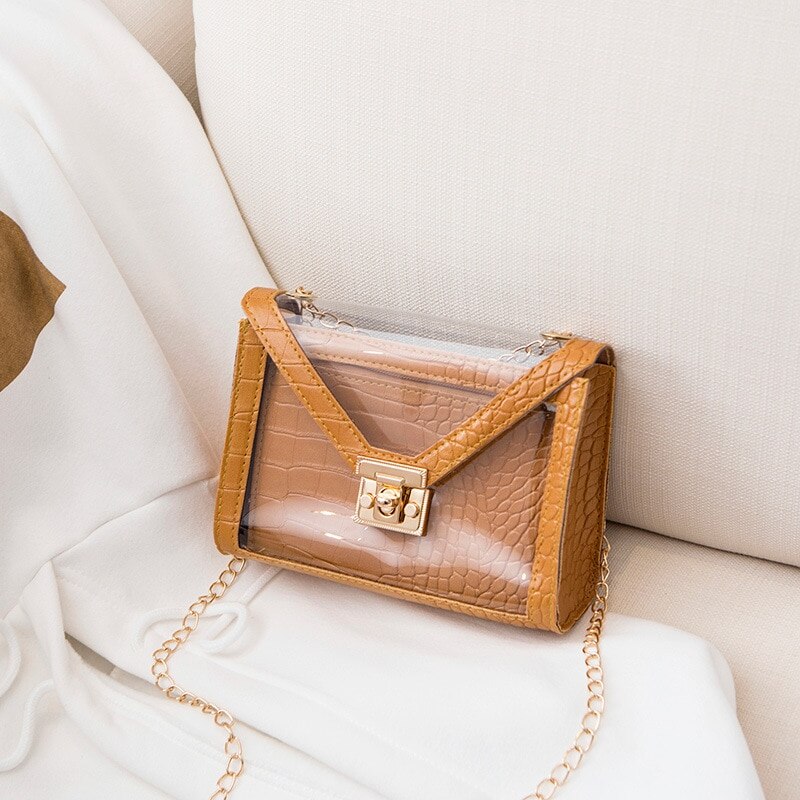 Kleine PVC PU Leder Transparent Schulter Handtaschen Set Für Frauen Mini Handy Kette Haspe Umhängetasche Messenger Tasche: Brown